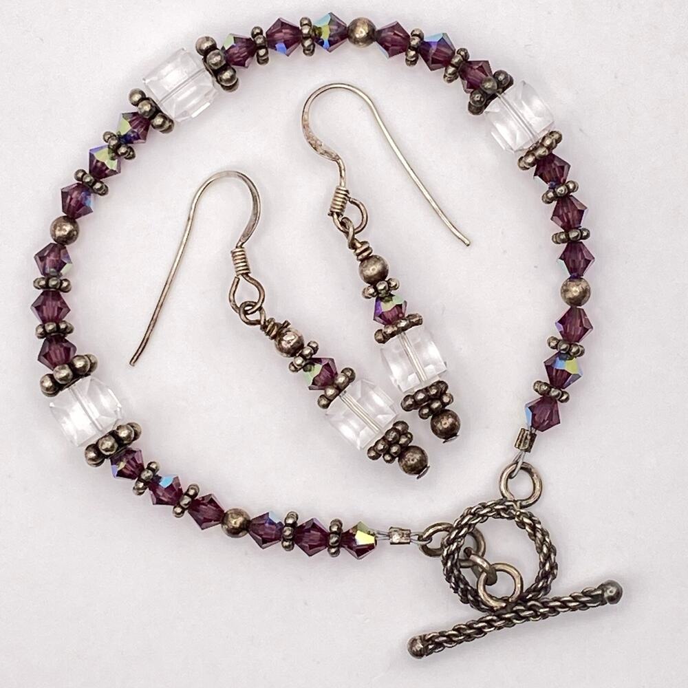 Vintage 925 Sterling Silver Purple AB Crystal Bead Bracelet Earrings Set Toggle